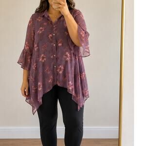 Tru Self🌿2X Purple Floral Tunic Top Sheer Chiffon Handkerchief Hem Boho Plus SZ